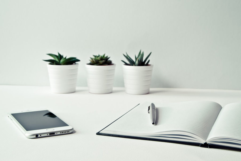 notebook, iphone on desk with plants