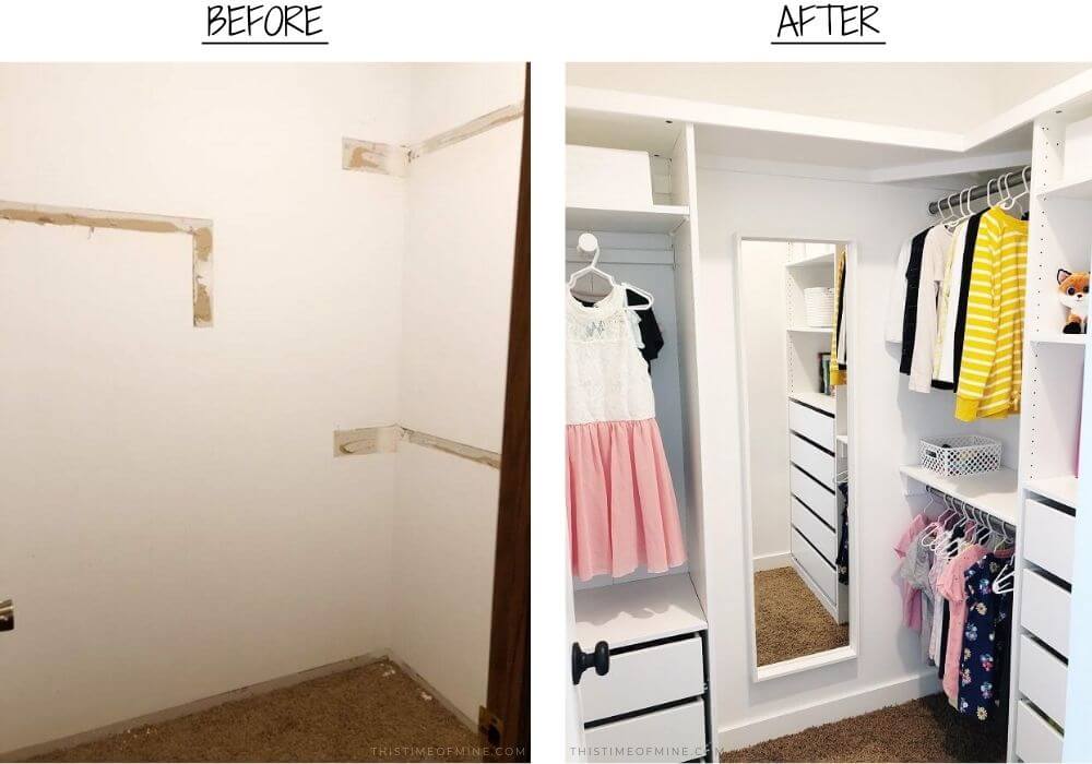 small walk-in closet | Small closet organization | walk-in closet | children's closet | kid's closet | DIY | budget upgrade | closet makeover | before and after | home improvement | maximize storage | organization ideas | storage ideas | closet ideas | bedroom closet | storage spaces | IKEA Pax